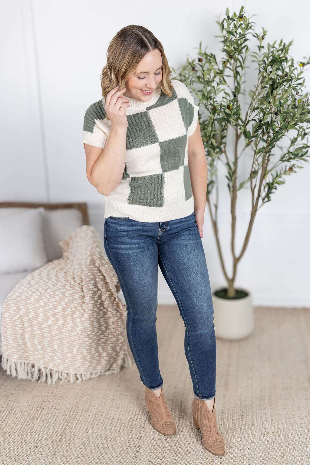 Michelle Mae Checkered Sweater Top - Sage