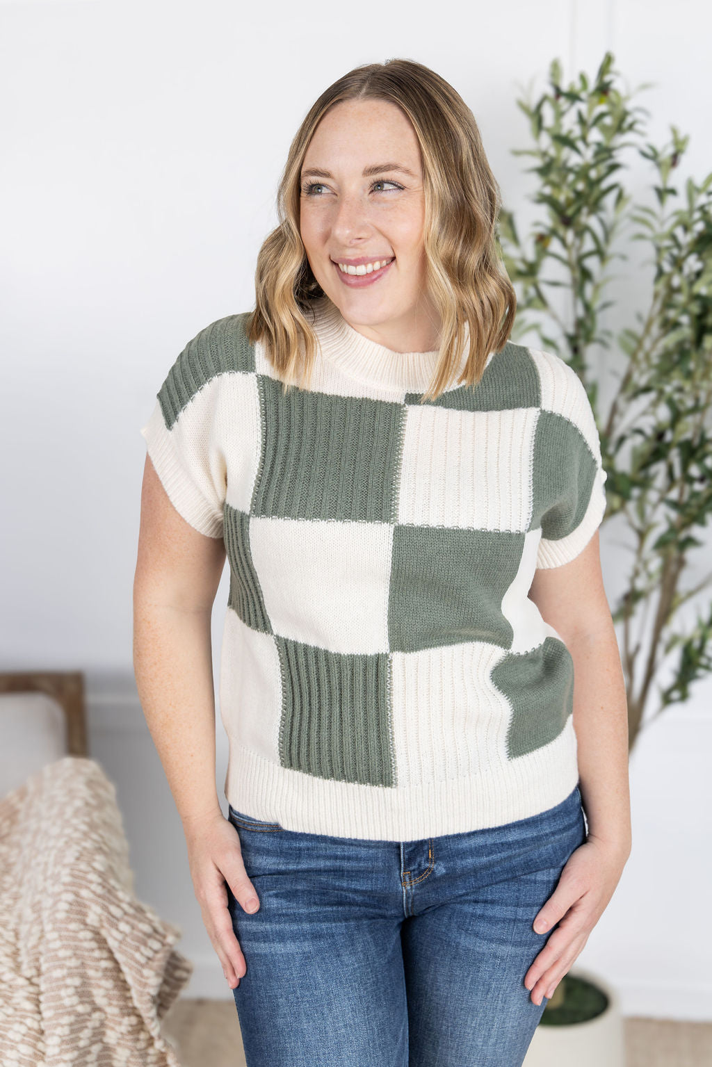 Michelle Mae Checkered Sweater Top - Sage