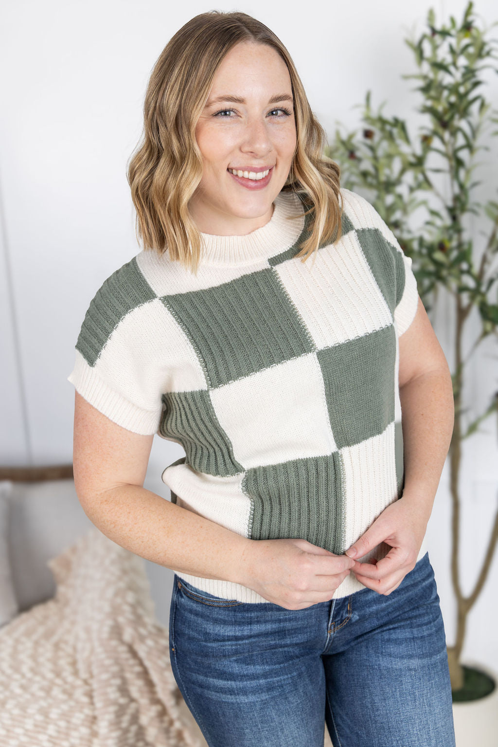 Michelle Mae Checkered Sweater Top - Sage