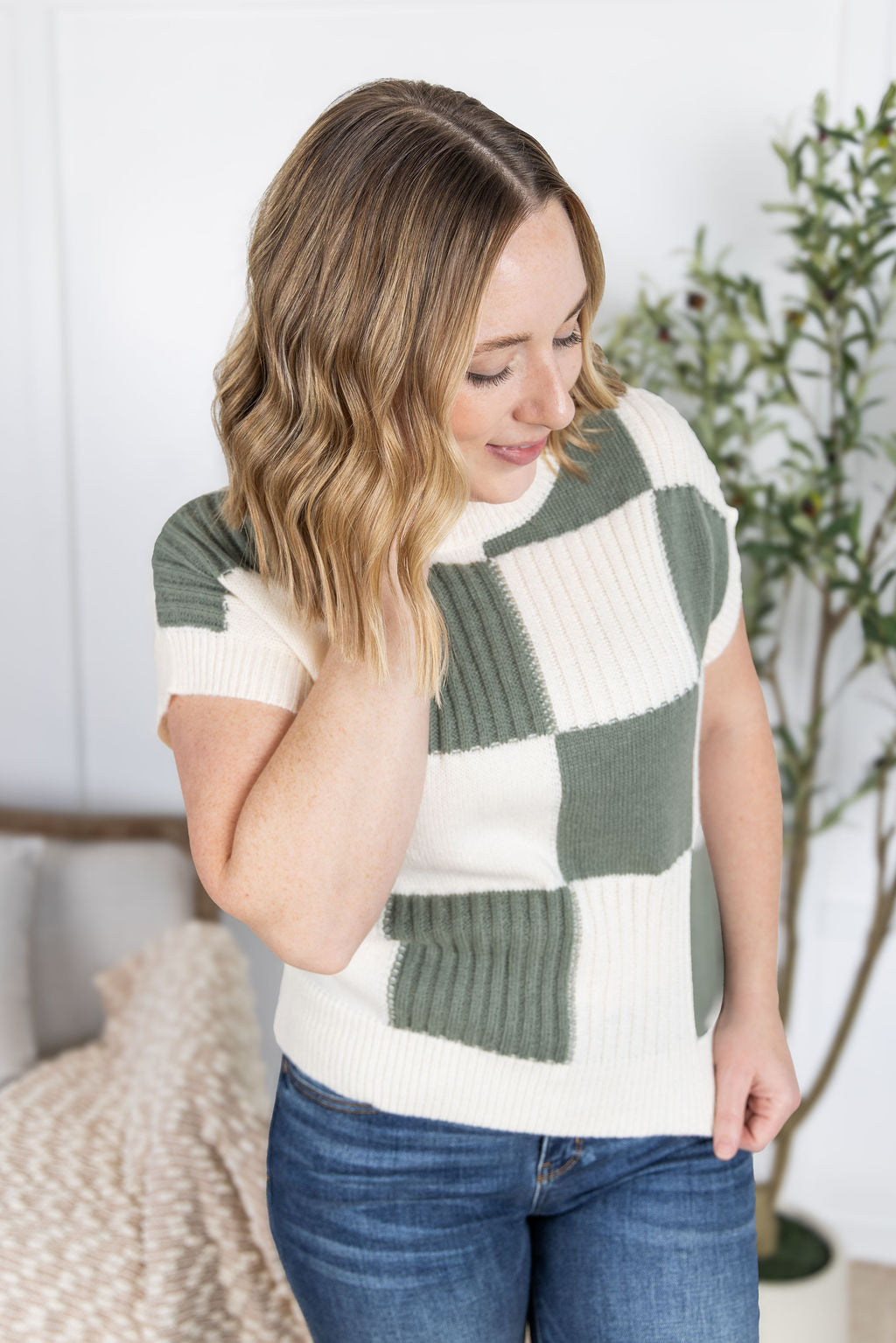 Michelle Mae Checkered Sweater Top - Sage