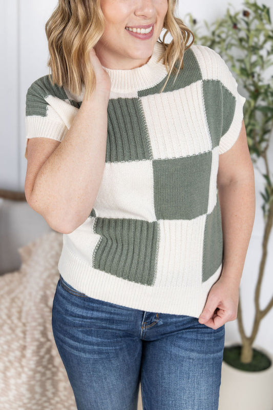 Michelle Mae Checkered Sweater Top - Sage