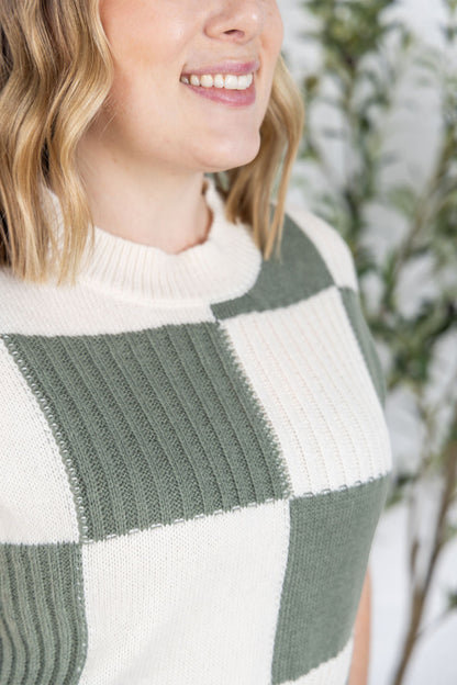 Michelle Mae Checkered Sweater Top - Sage