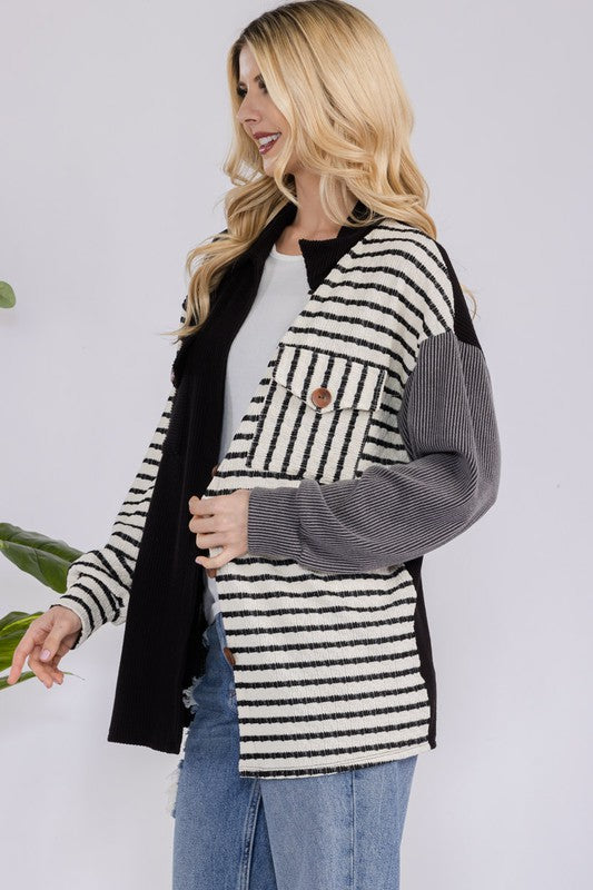 The Drop-Shoulder Stripes Shacket- Black