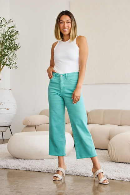 Chloe Tummy Control High Waist Raw Hem Jeans In Island Green