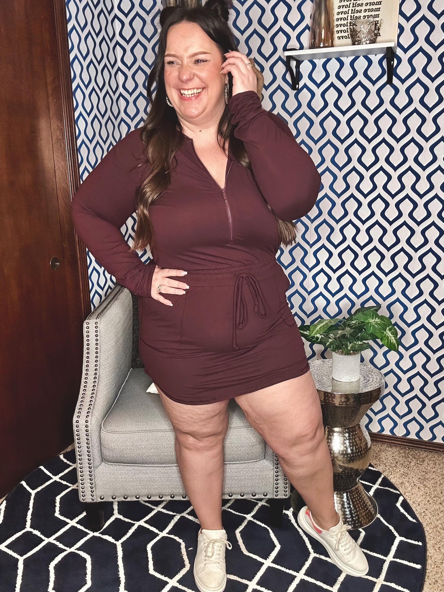 Getting Out Long Sleeve Hoodie Romper in Maroon