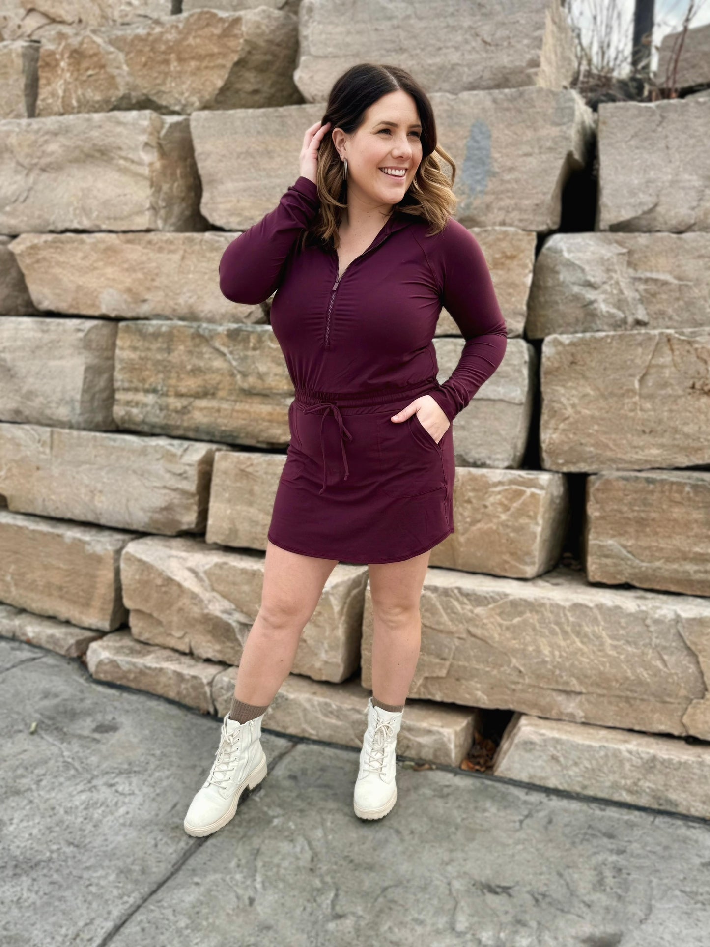 Getting Out Long Sleeve Hoodie Romper in Maroon