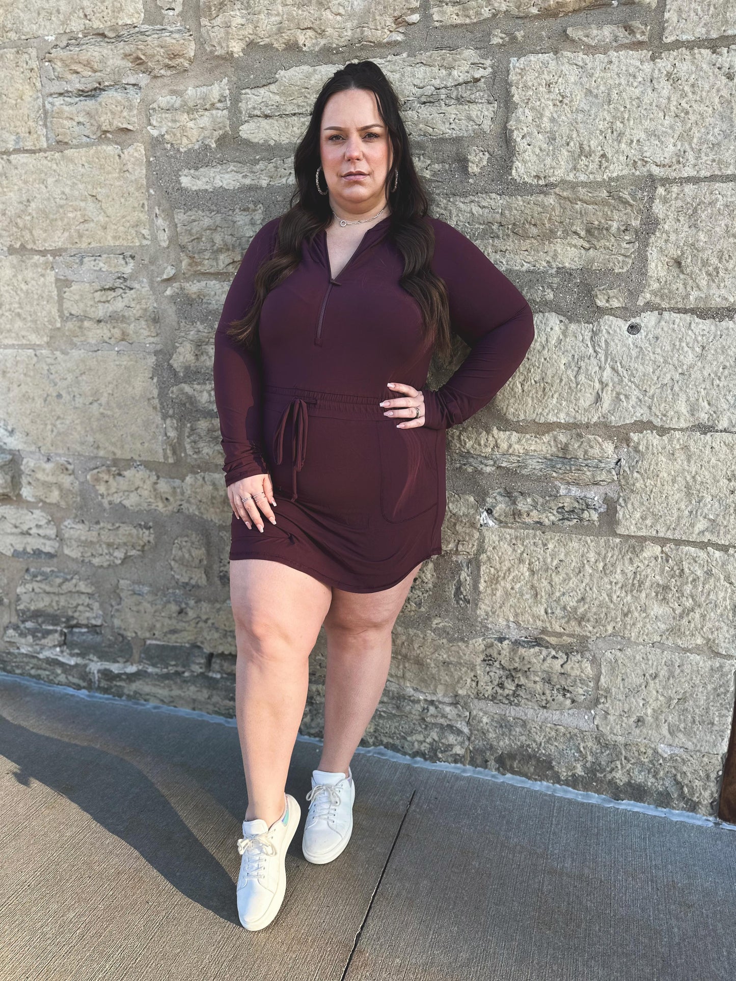 Getting Out Long Sleeve Hoodie Romper in Maroon