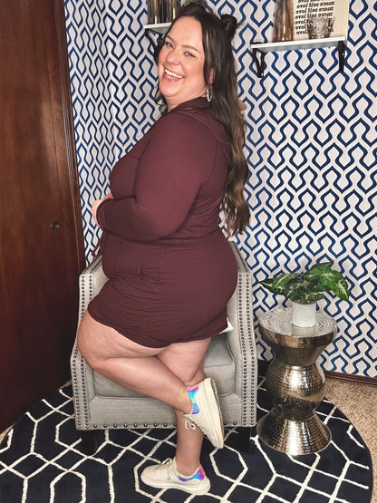 Getting Out Long Sleeve Hoodie Romper in Maroon