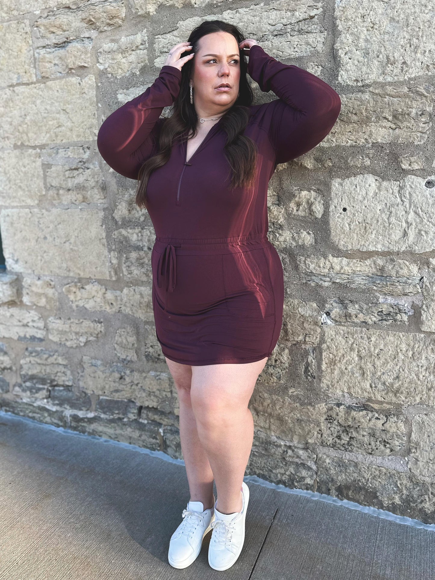 Getting Out Long Sleeve Hoodie Romper in Maroon