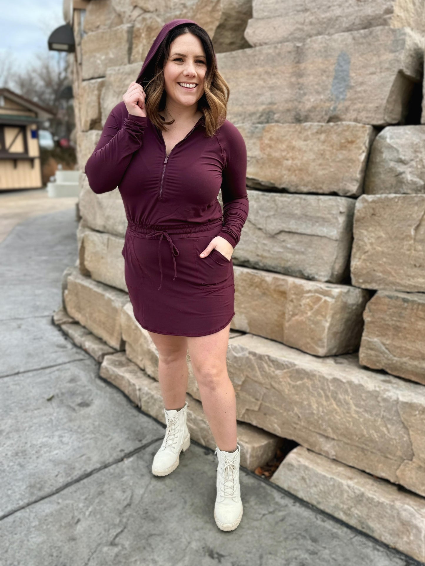 Getting Out Long Sleeve Hoodie Romper in Maroon