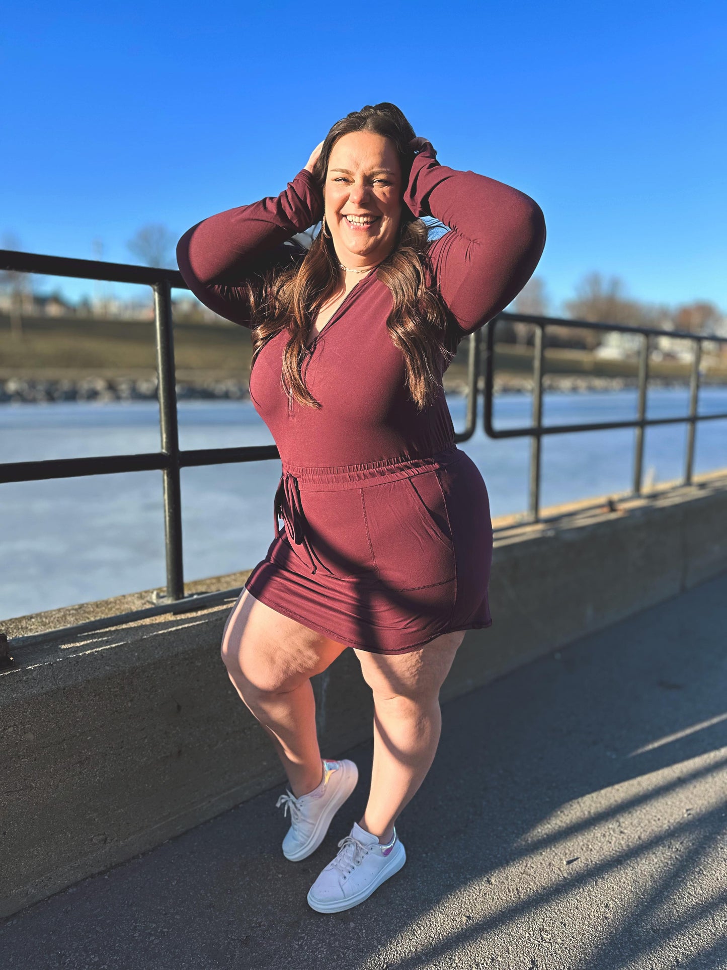 Getting Out Long Sleeve Hoodie Romper in Maroon