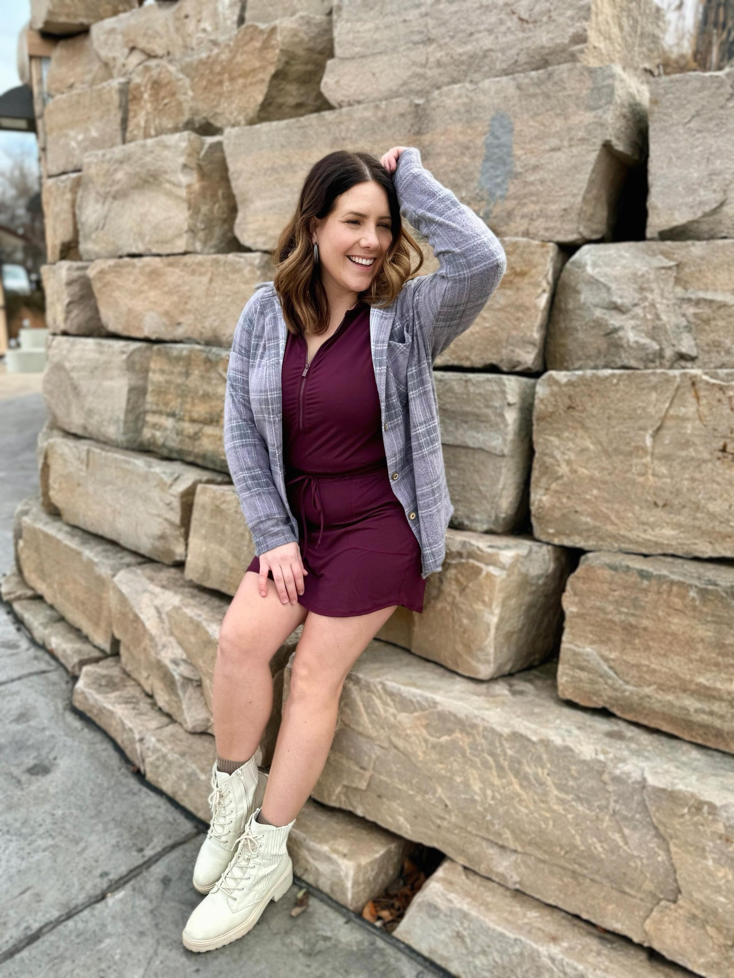 Getting Out Long Sleeve Hoodie Romper in Maroon