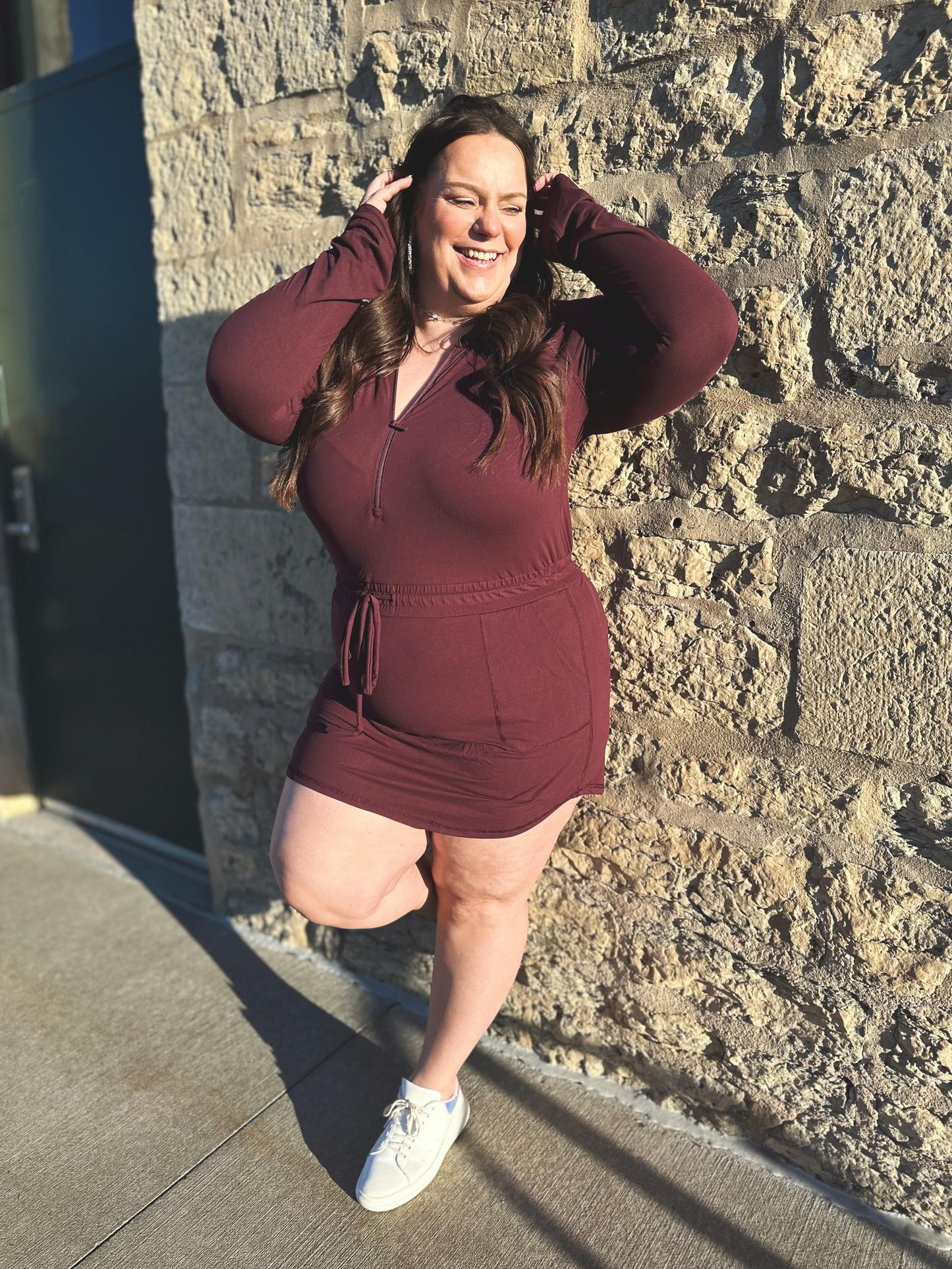 Getting Out Long Sleeve Hoodie Romper in Maroon