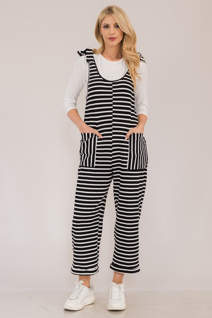 Striped Scoop Neck Pocket Overalls