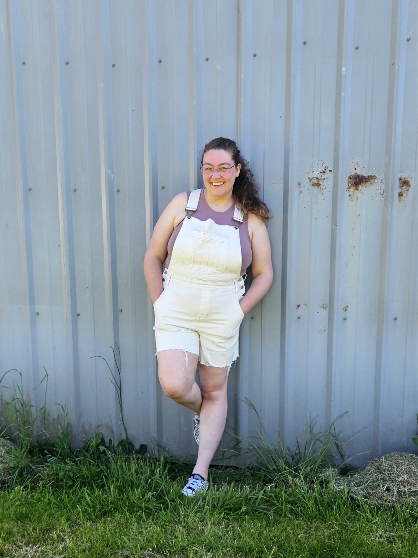 Anna High Rise Garment Dyed Cutoff Shortalls in Ecru