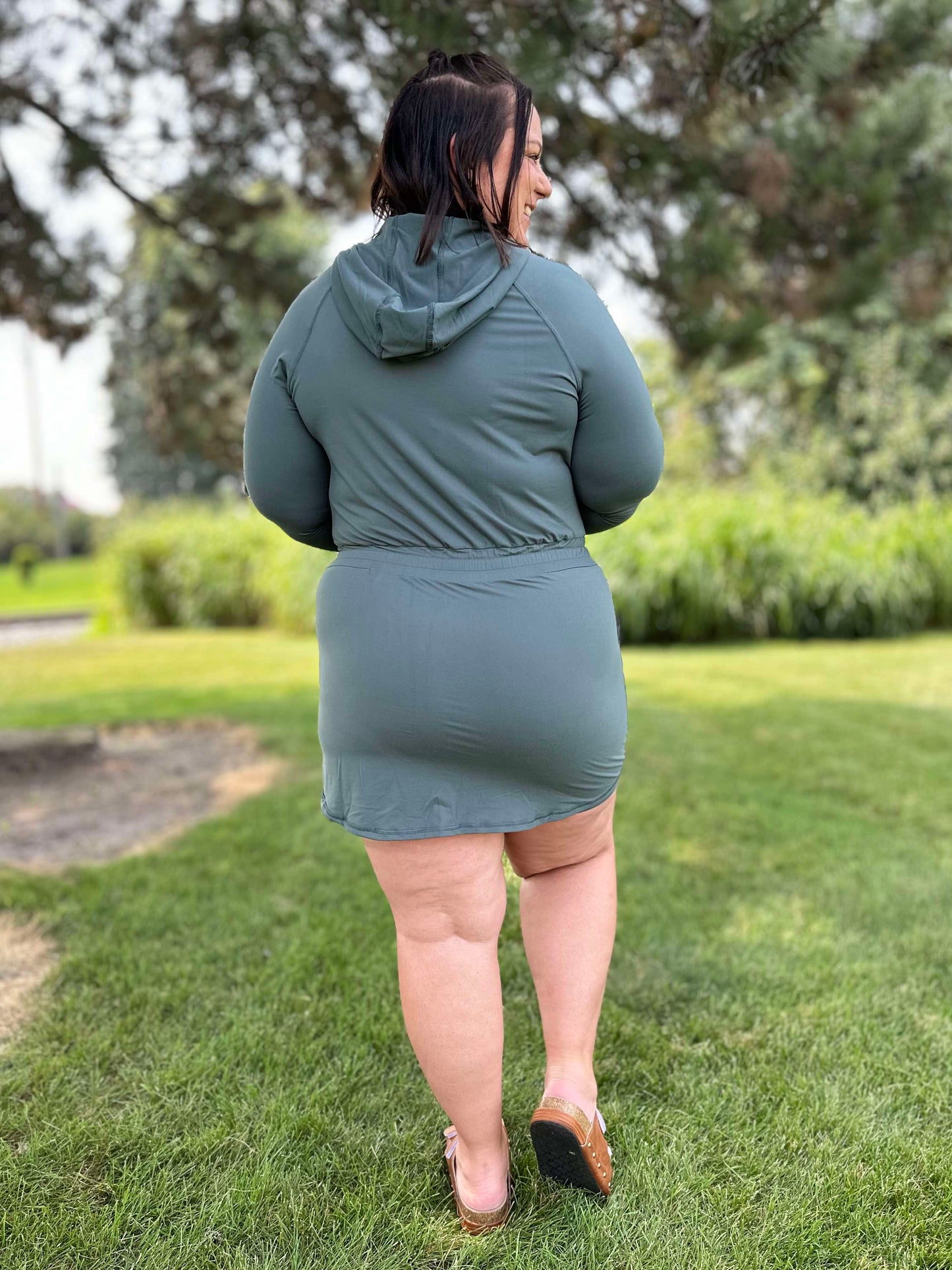 Getting Out Long Sleeve Hoodie Romper in Smoked Spruce