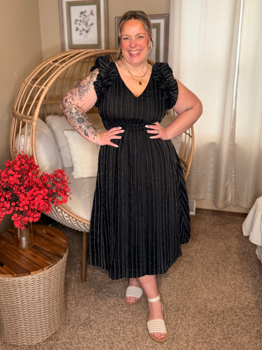 Pinstripe Romance V-Neck Ruffle Sleeve Dress in Black