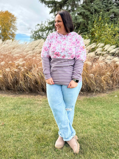 Michelle Mae Hailey Pullover Hoodie - Pink Floral and Stripes