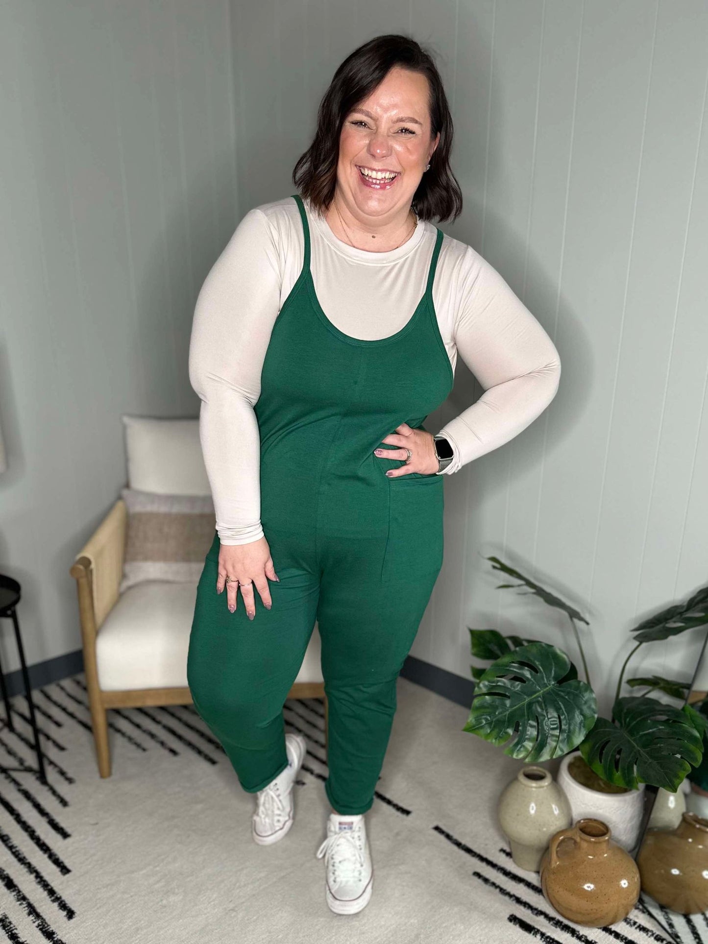 Totally Me Spaghetti Strap Jumpsuit in Dark Green