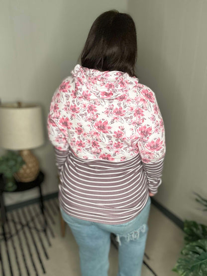 Michelle Mae Hailey Pullover Hoodie - Pink Floral and Stripes