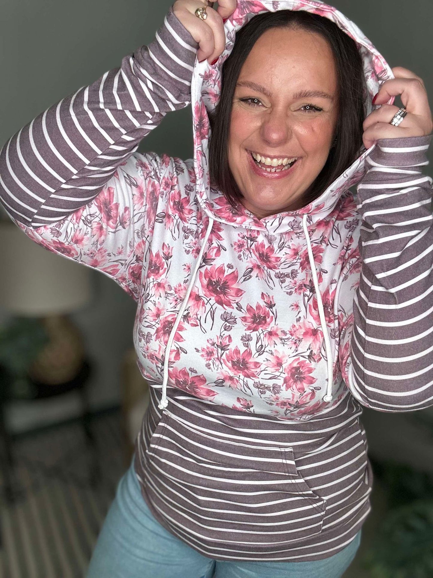 Michelle Mae Hailey Pullover Hoodie - Pink Floral and Stripes