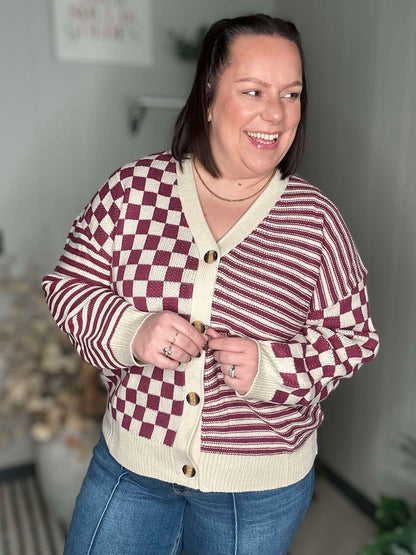 No Brainer Button Down Sweater Knit Cardigan in Magenta/Oatmeal