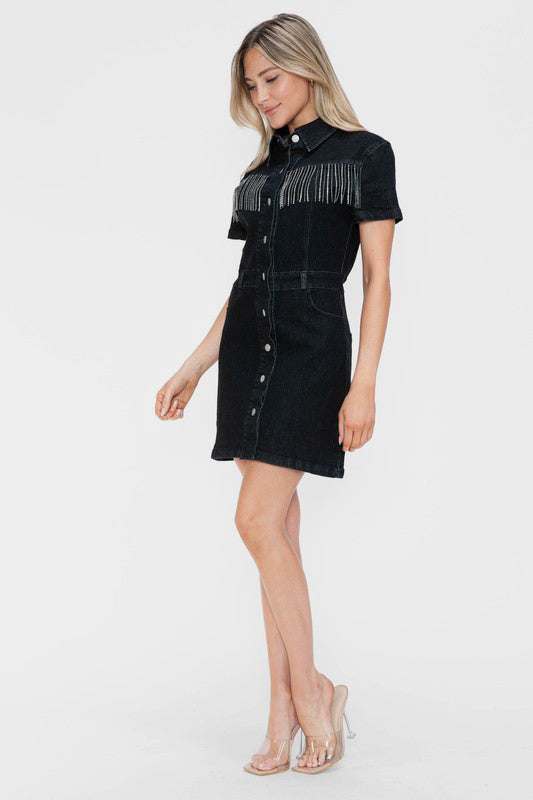 Chic Fringe Denim Button-Up Dress