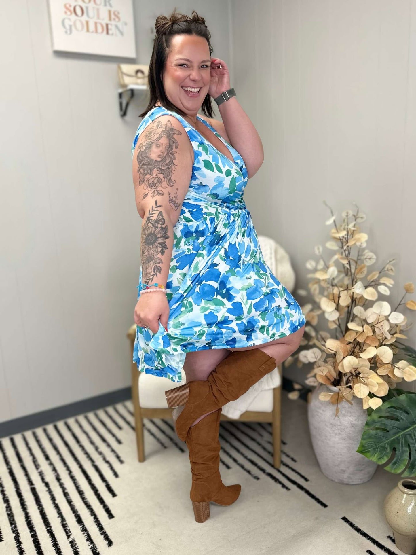 The Sun's Been Quite Kind V-Neck Dress in Blue