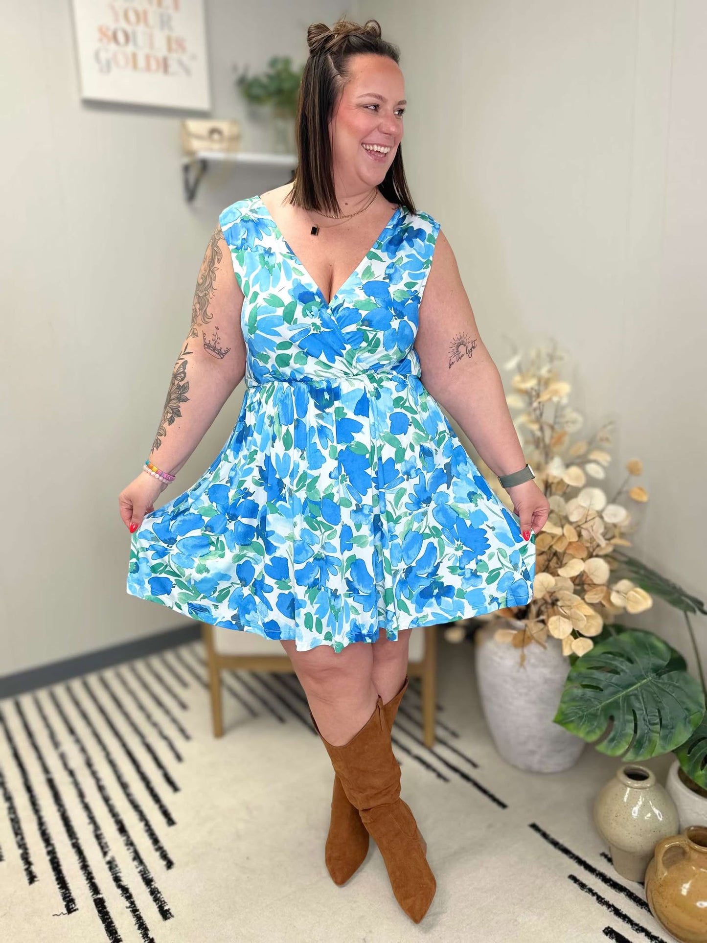 The Sun's Been Quite Kind V-Neck Dress in Blue