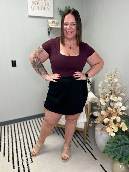 Bentli High Rise Side Tie Denim Skort in Black