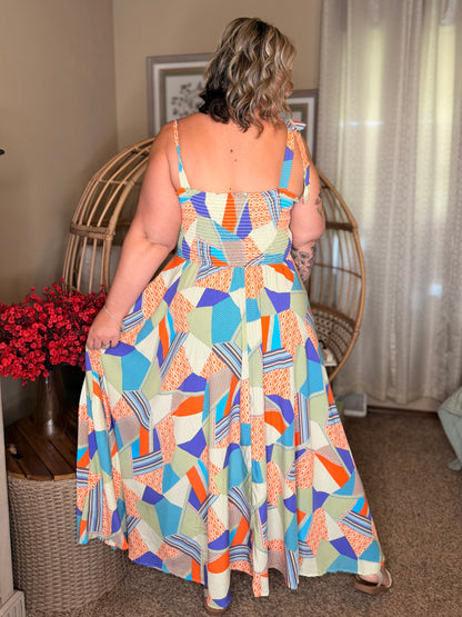 Paint Me Pretty Square Neck Dress in Lime, Blue and Tangerine