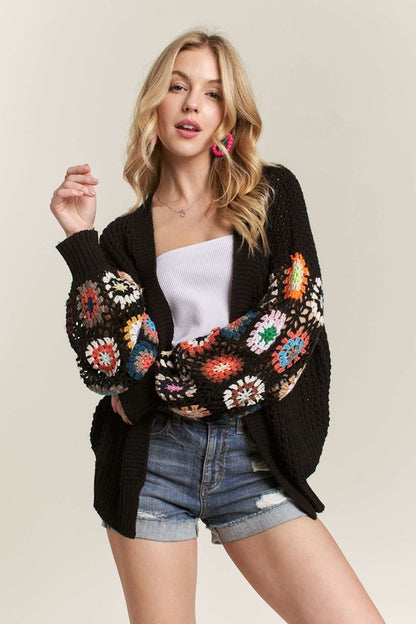 Boho-Chic Crochet Open Front Cardigan in Black