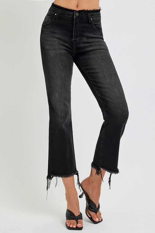 Retro Charm Raw Hem Cropped Flare Jeans