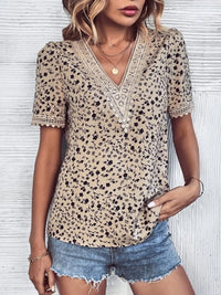 PREORDER: Full Size Printed V-Neck Short Sleeve Blouse