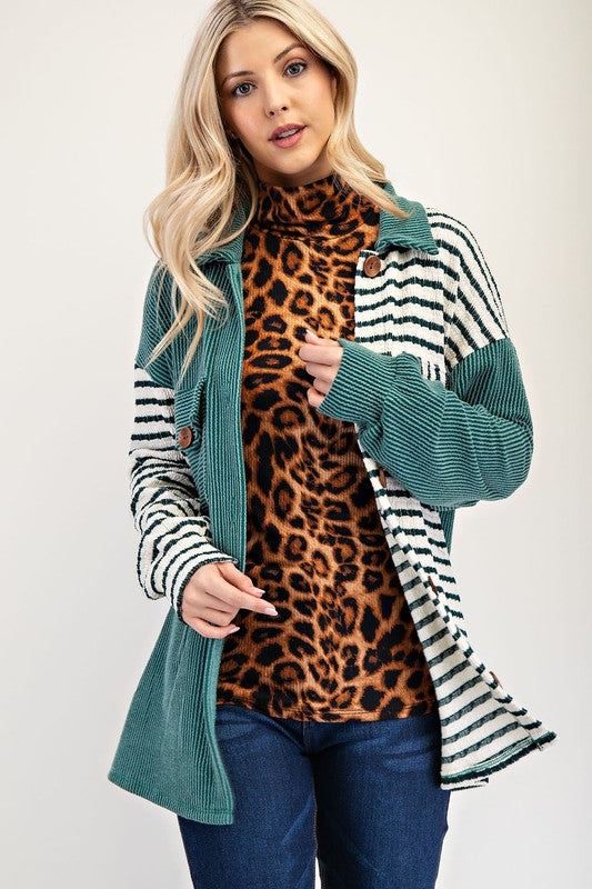 The Drop-Shoulder Stripes Shacket- Turquoise