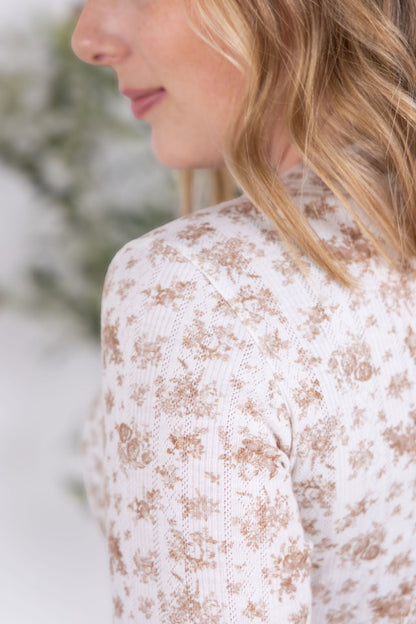 Michelle Mae Button Snap Henley Top - Tan Micro Floral