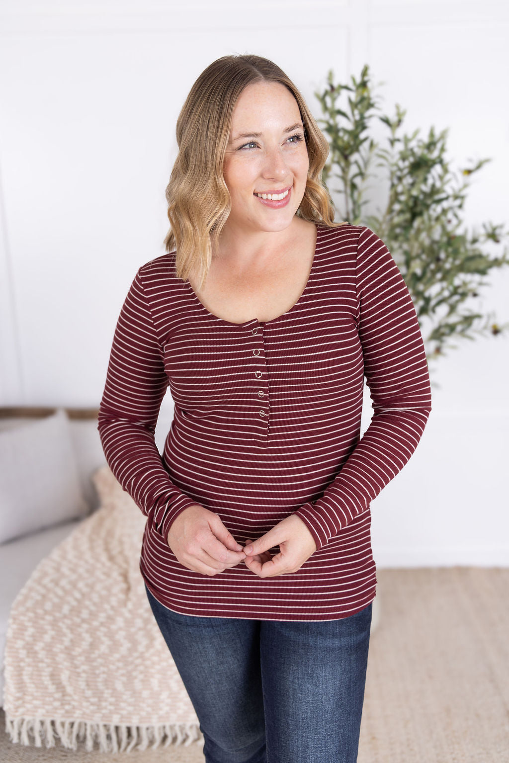 Michelle Mae Striped Henley Long Sleeve - Burgundy