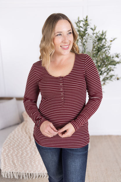 Michelle Mae Striped Henley Long Sleeve - Burgundy