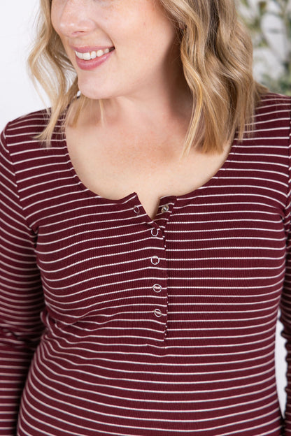 Michelle Mae Striped Henley Long Sleeve - Burgundy