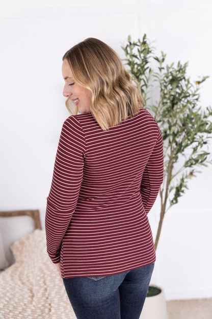 Michelle Mae Striped Henley Long Sleeve - Burgundy
