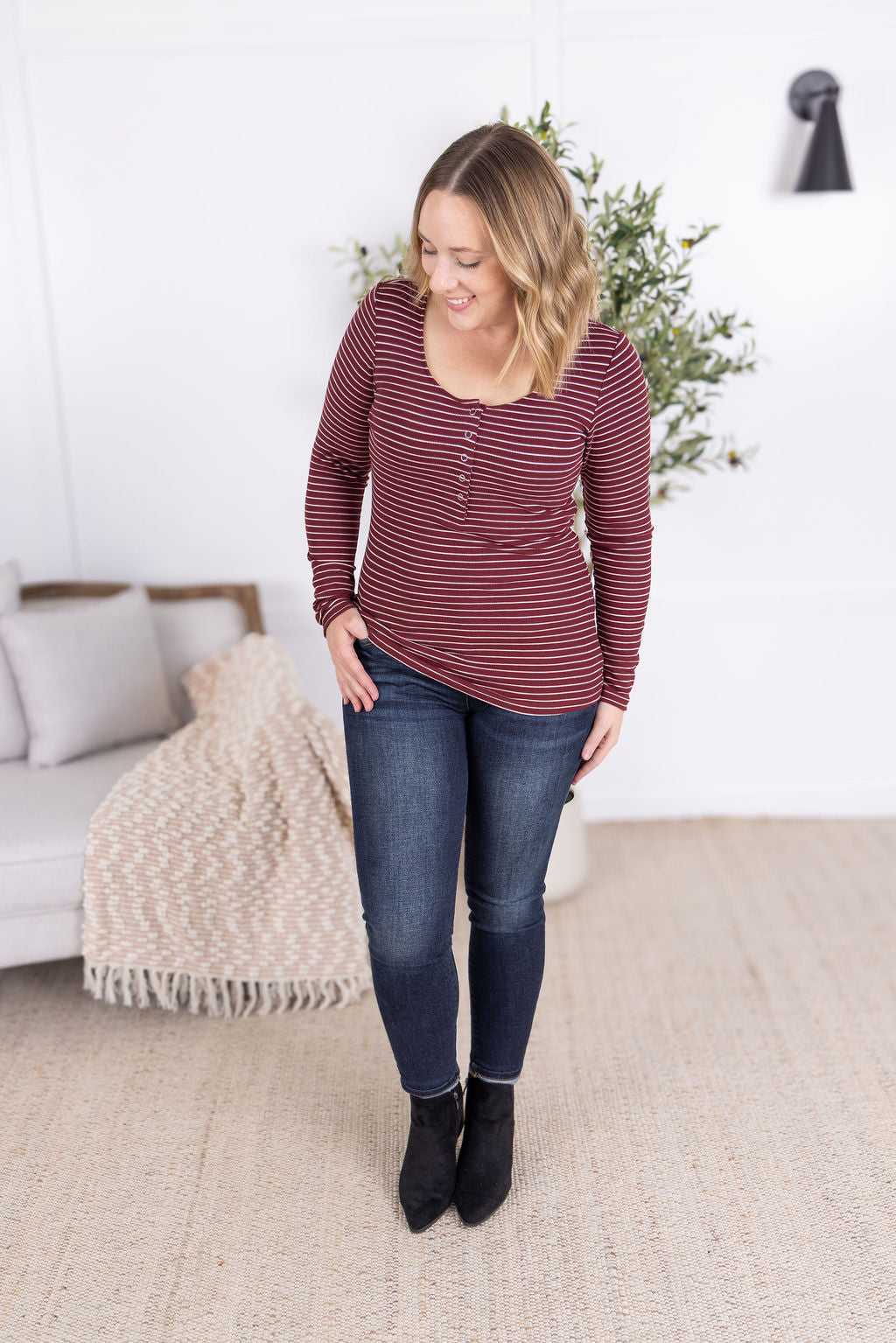Michelle Mae Striped Henley Long Sleeve - Burgundy