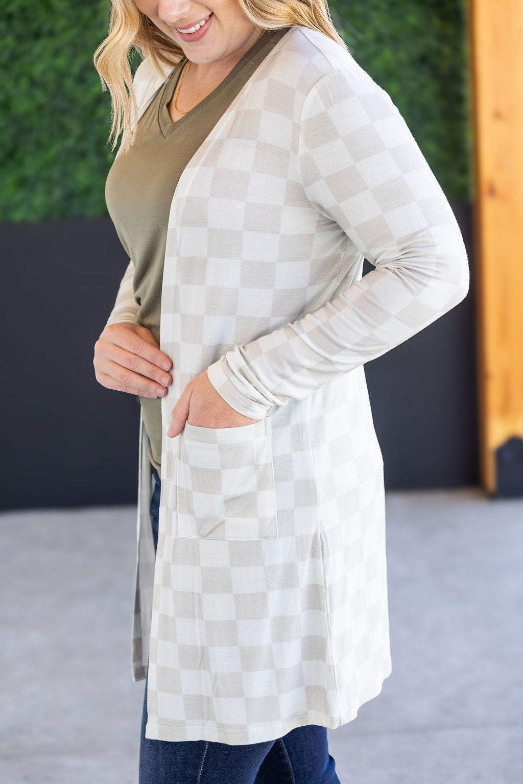 Michelle Mae Classic Cardigan - Neutral Checkers