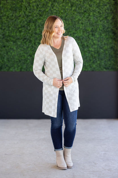 Michelle Mae Classic Cardigan - Neutral Checkers