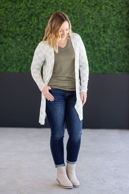 Michelle Mae Classic Cardigan - Neutral Checkers