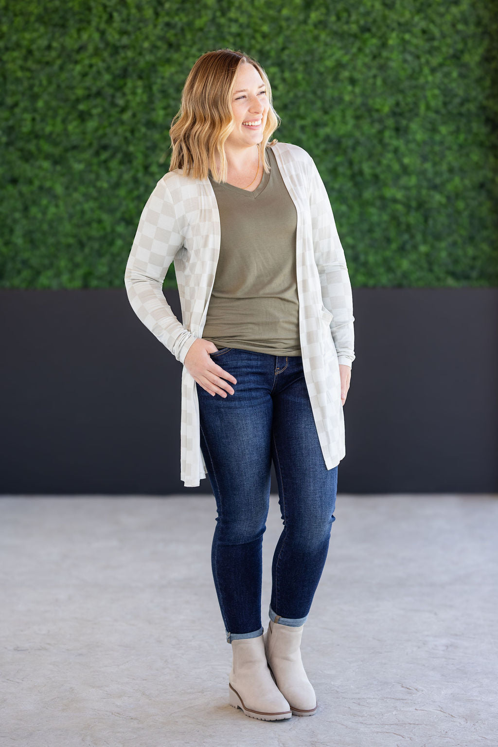 Michelle Mae Classic Cardigan - Neutral Checkers