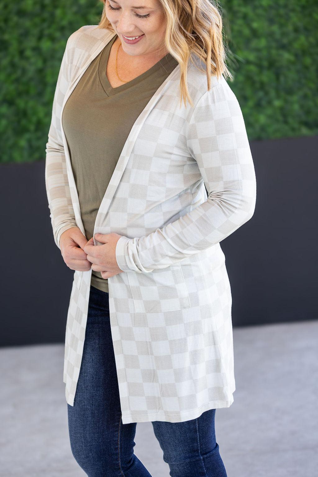 Michelle Mae Classic Cardigan - Neutral Checkers