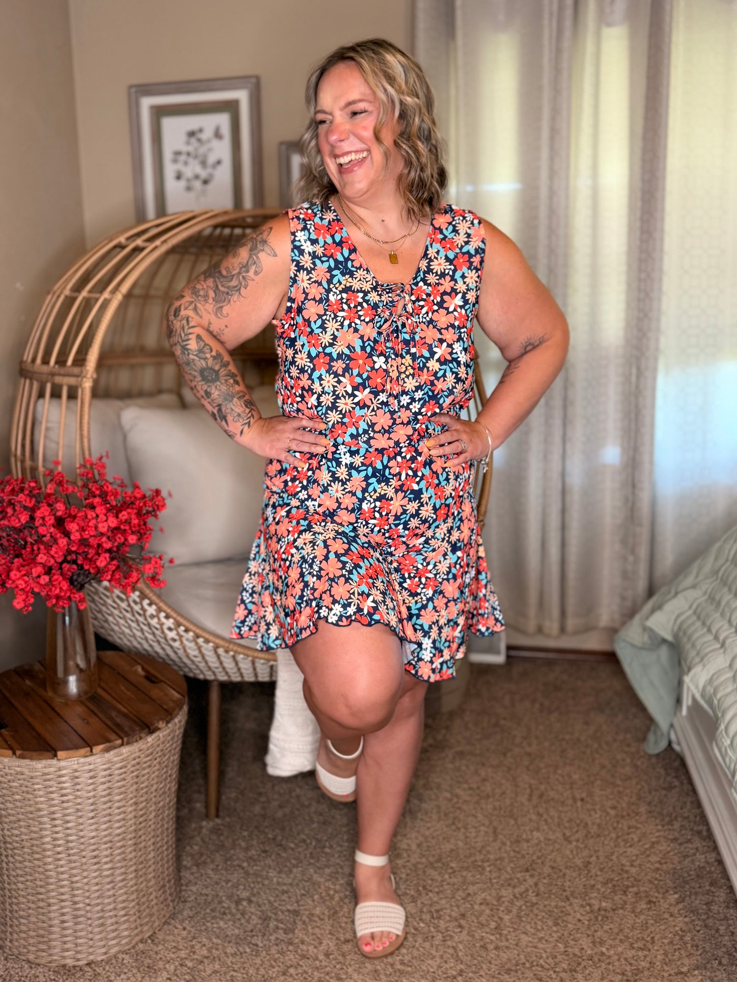 Meadow Mischief Sleeveless Romper in Navy/Orange/Teal