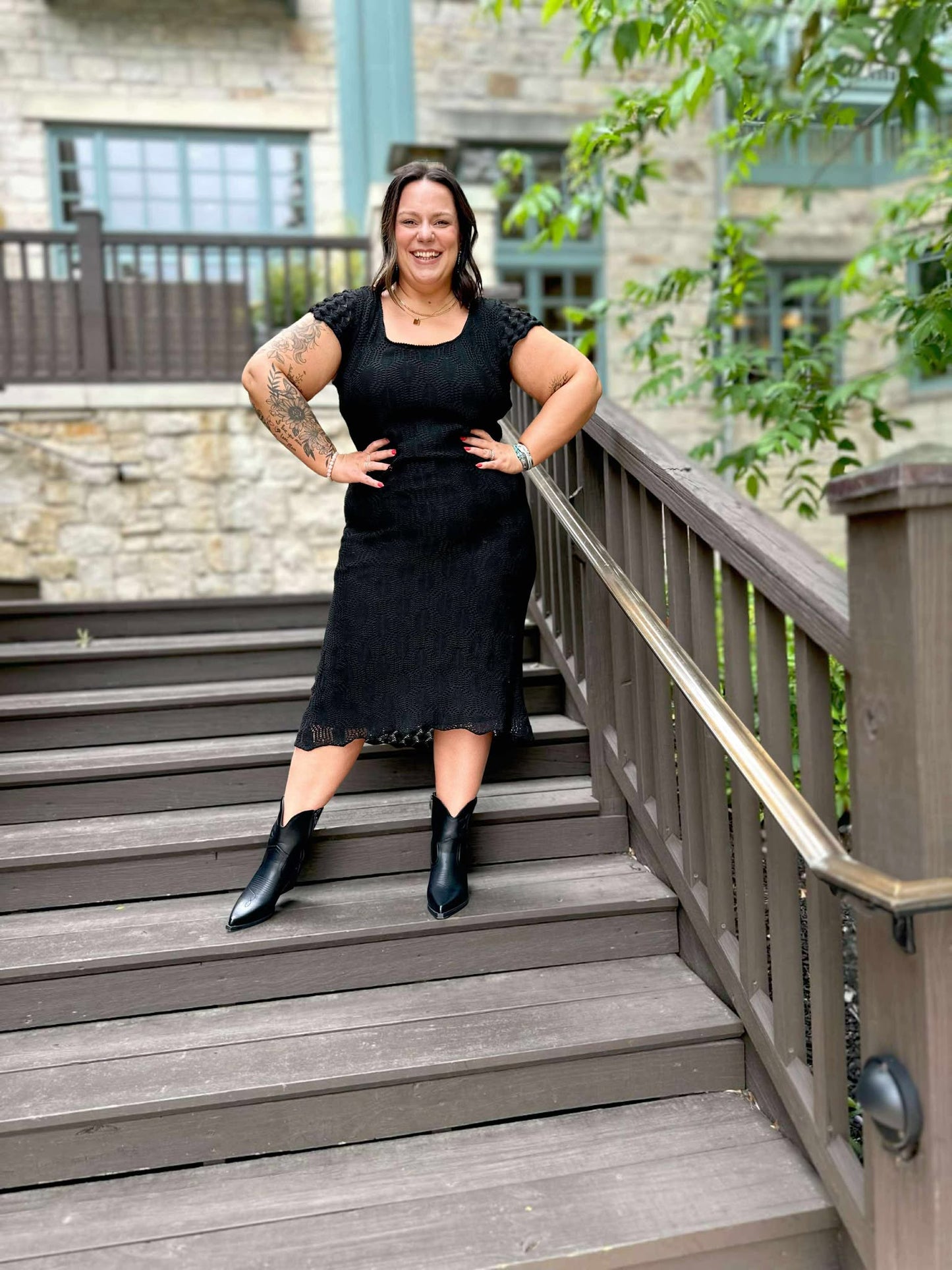 On the Town Lace Scoop Neck Dress in Black