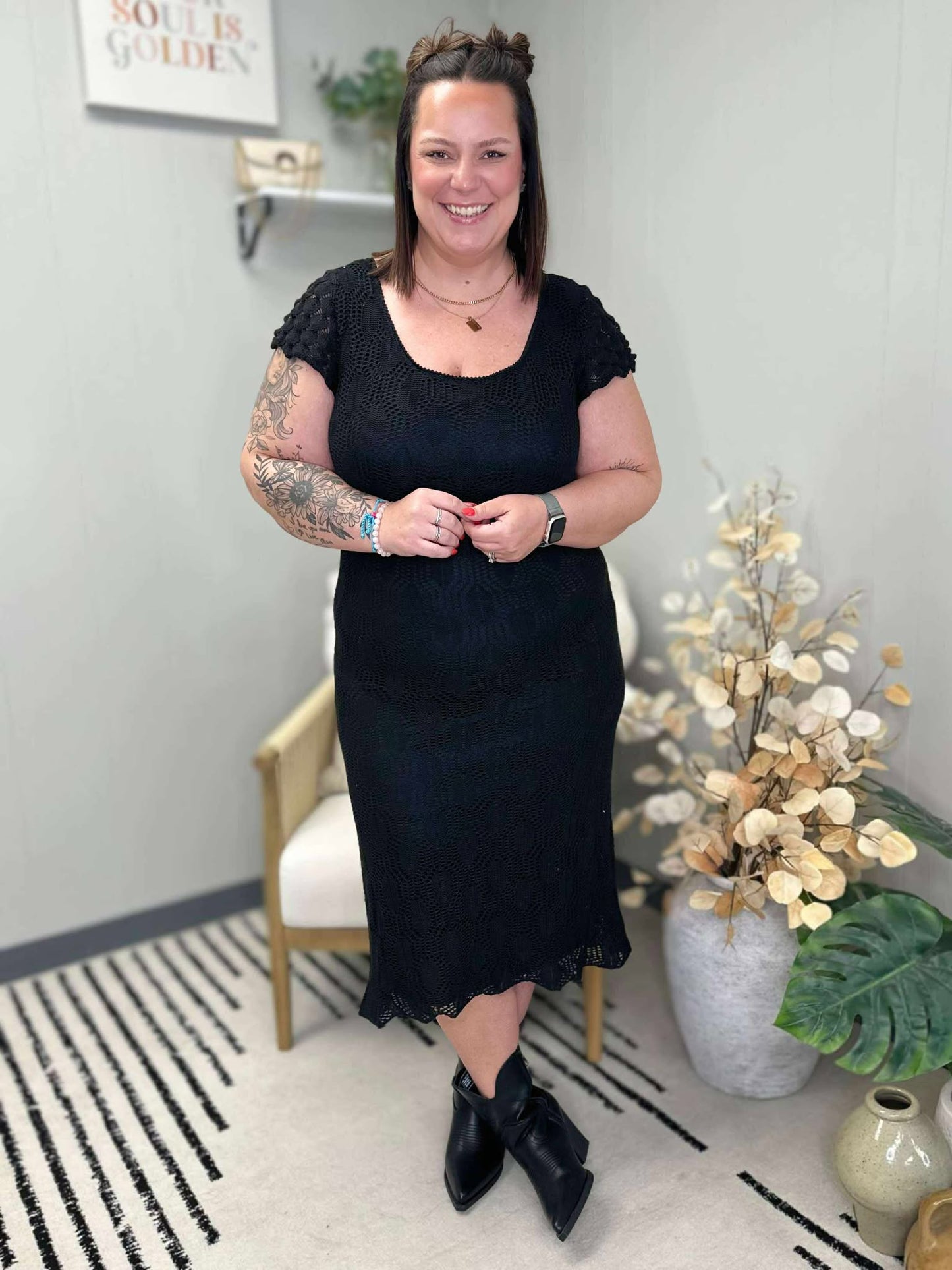 On the Town Lace Scoop Neck Dress in Black