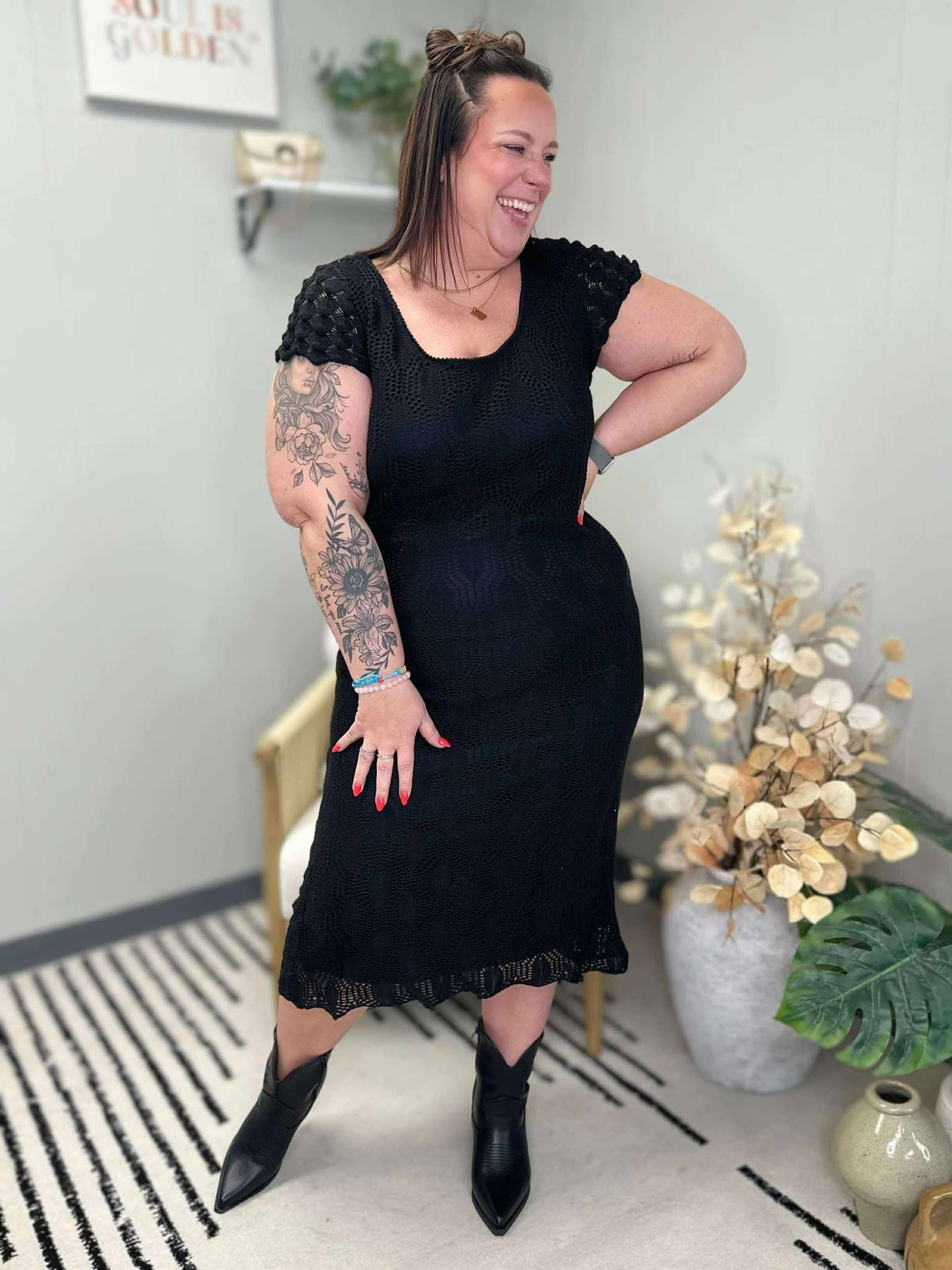 On the Town Lace Scoop Neck Dress in Black